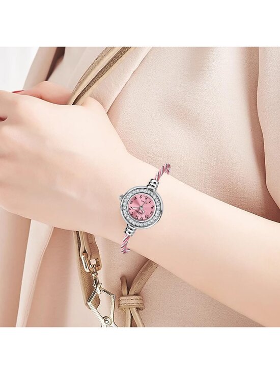 Women Silver And Pink Analog Cable Cuff Arabic Numbers Rhinestone Bracelet Watch main image 5
